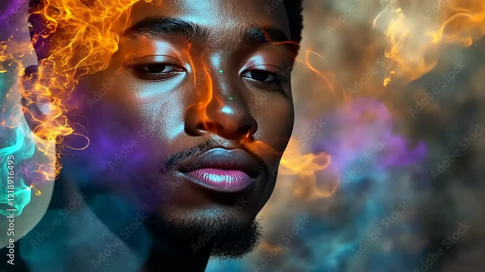 Portrait of a young man with vibrant flames and smoke effects surrounding his face, showcasing emotion Portrait of a young man with vibrant flames and smoke effects surrounding his face, showcasing emotion