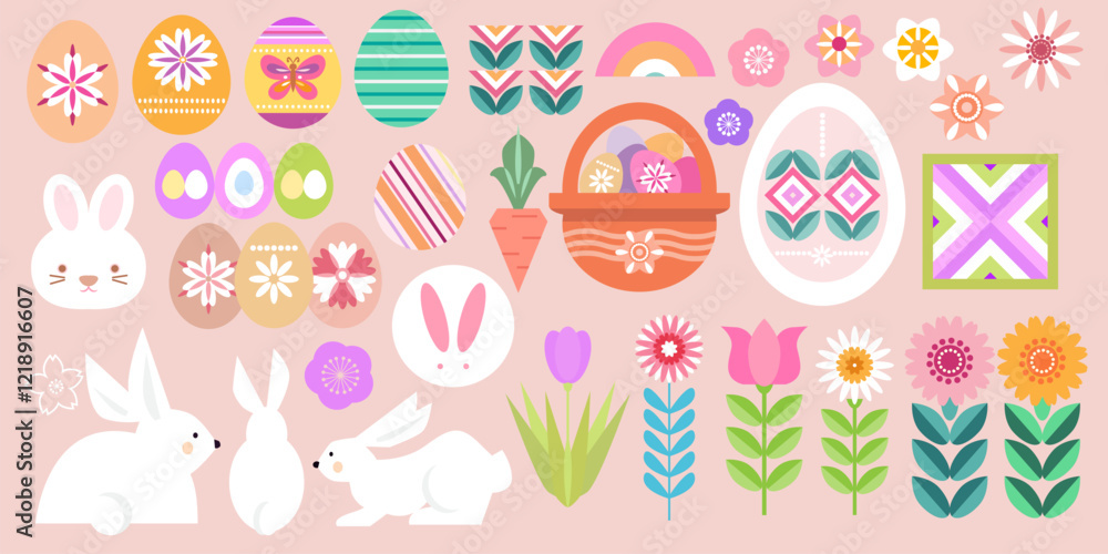 Happy Easter big set with easter eggs, cute bunny, spring meadow flowers. Cute spring set elements Vector illustration Happy Easter big set with easter eggs, cute bunny, spring meadow flowers. Cute spring set elements Vector illustration