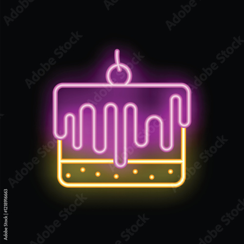 Glowing neon sign depicting a cake with dripping icing and a cherry on top, radiating warmth and inviting customers to indulge in a sweet treat