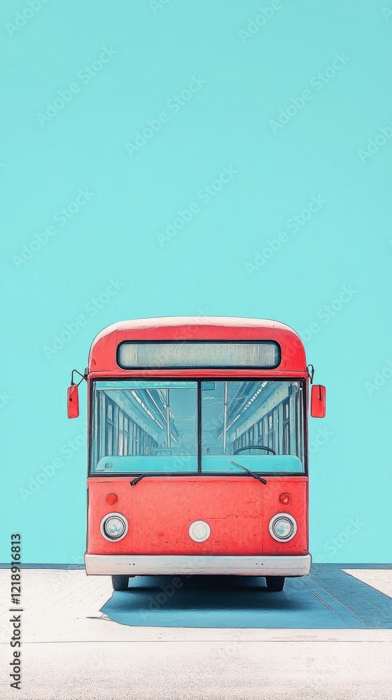 Fototapeta premium Red vintage bus against a teal background.