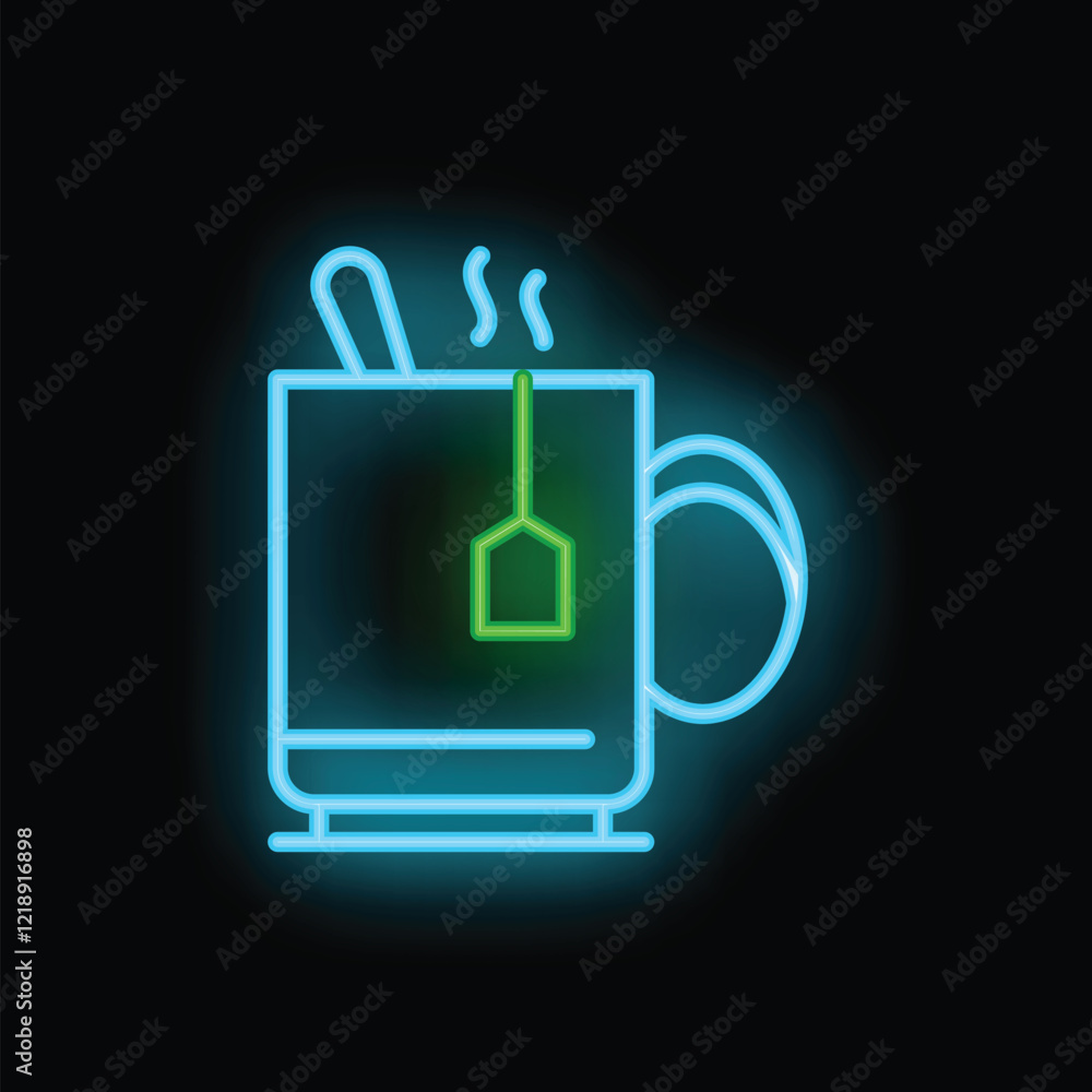 Neon sign illuminating a steaming mug with tea bag and spoon on a black background Neon sign illuminating a steaming mug with tea bag and spoon on a black background