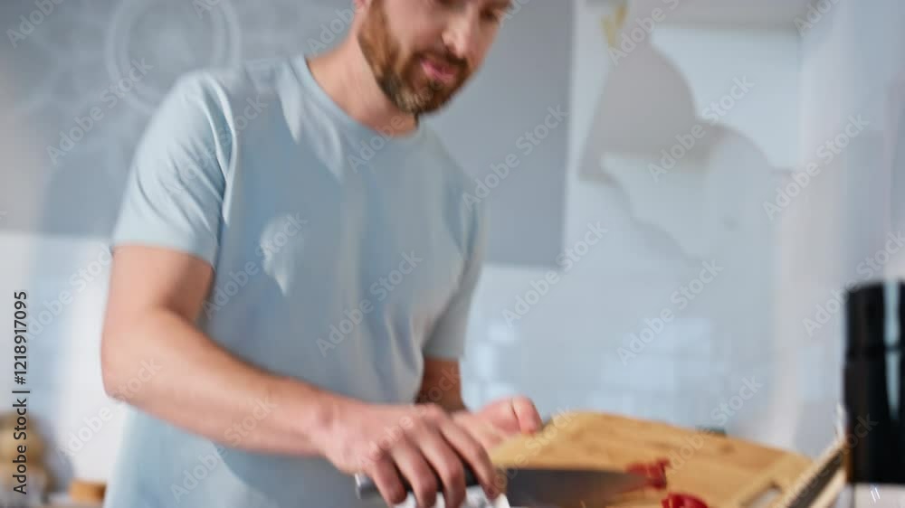 Man hands preparing salad in kitchen closeup. Joyful guy cooking vegetables Man hands preparing salad in kitchen closeup. Joyful guy cooking vegetables