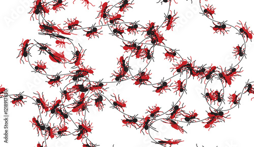 A Swarm of Red and Black Ants Following Invisible Paths, Displaying a Complex and Chaotic Movement Pattern Against a Clean White Background,
