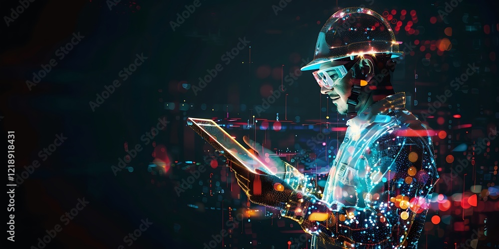 Innovative Engineer Examining Data on Digital Tablet in Futuristic Setting