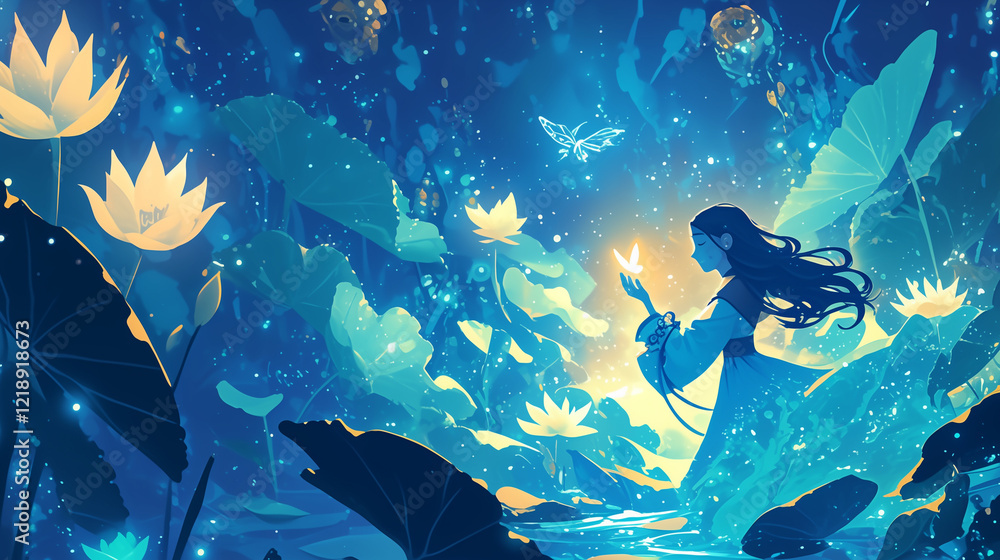 Obraz premium Enchanting Woman in Mystical Lotus Pond with Glowing Butterflies and Ethereal Light