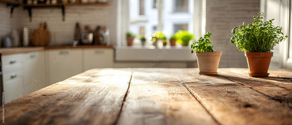 Rustic kitchen table styled with warm tones and set against a blurred, inviting kitchen background - Rustic kitchen table styled with warm tones and set against a blurred, inviting kitchen background -