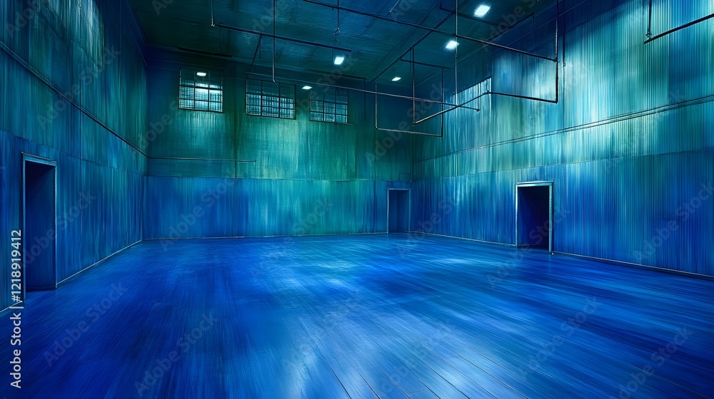 Fototapeta premium Empty Blue Industrial Room with Doors and Windows