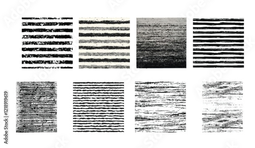 Abstract Monochromatic Striped Patterns, A Collection of Eight Unique Textured Designs with Varied Strokes and Shades of Grey