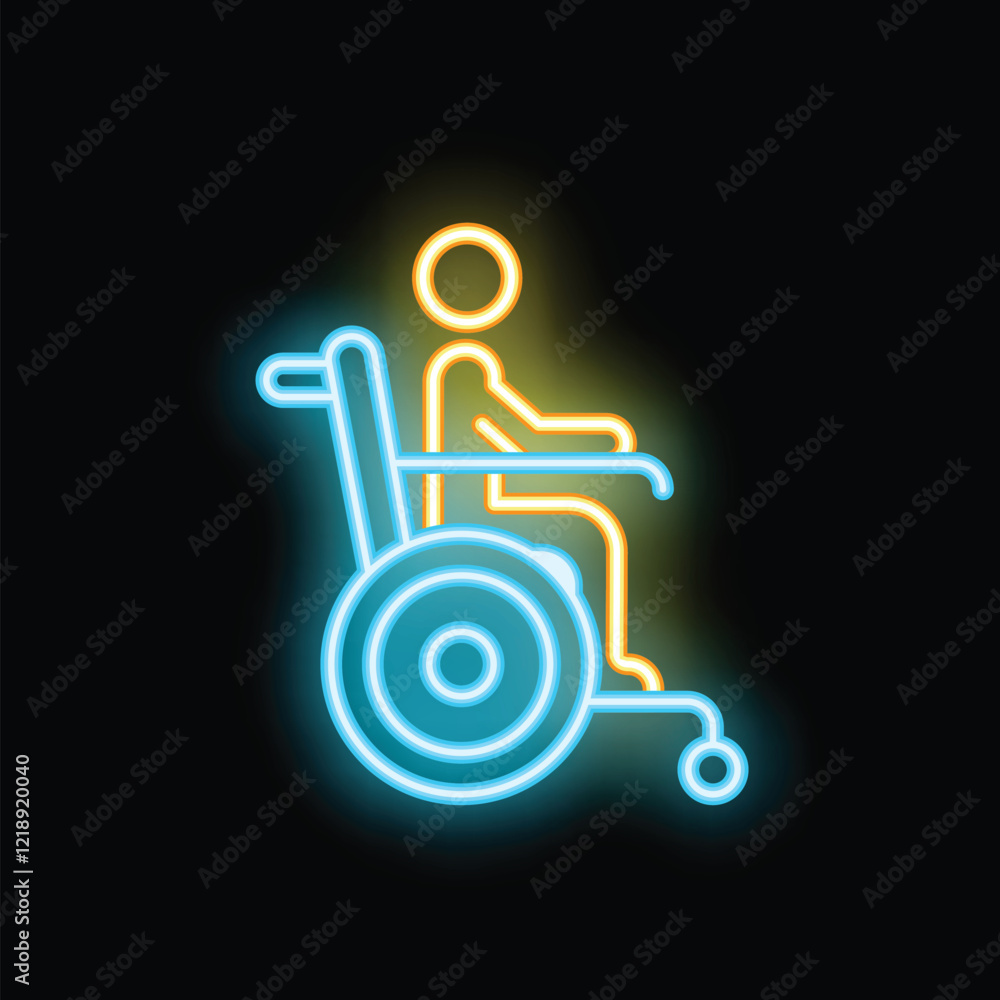 Neon sign of a yellow stick figure using a blue wheelchair on a black background Neon sign of a yellow stick figure using a blue wheelchair on a black background