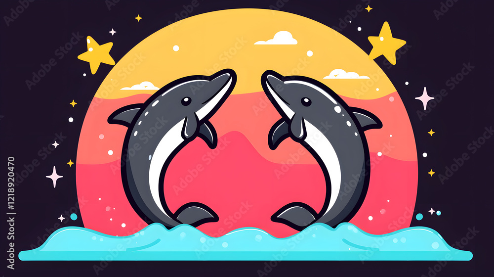 Obraz premium Playful dolphins jumping in vibrant sunset ocean scene digital illustration marine environment creative viewpoint