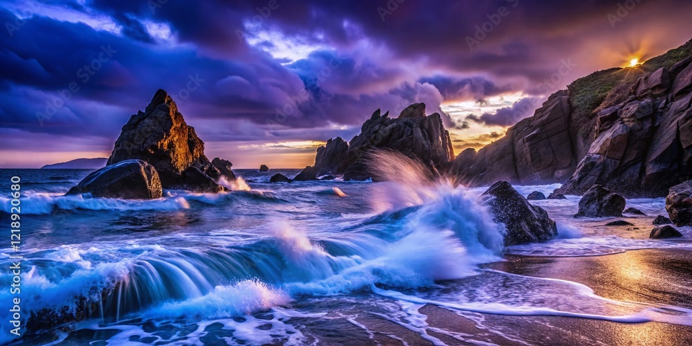 Naklejka premium Dramatic Coastal Waves Crashing Over Rocks, Cliffs at Night