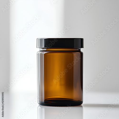 Amber glass jar with black lid on white background. Perfect for essential oils, medication, or other products.