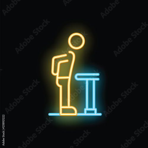Neon glowing icon of a senior man standing and using a walking frame for support