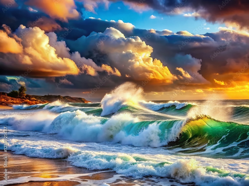 Fototapeta premium Dramatic Seascape: Stormy Winds, Foaming Crests, Ocean Waves