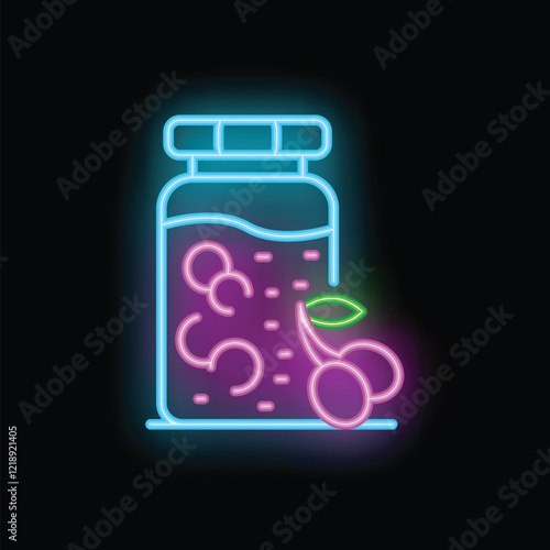 Neon sign depicting a jar full of cherry jam with a green leaf and some cherries beside it