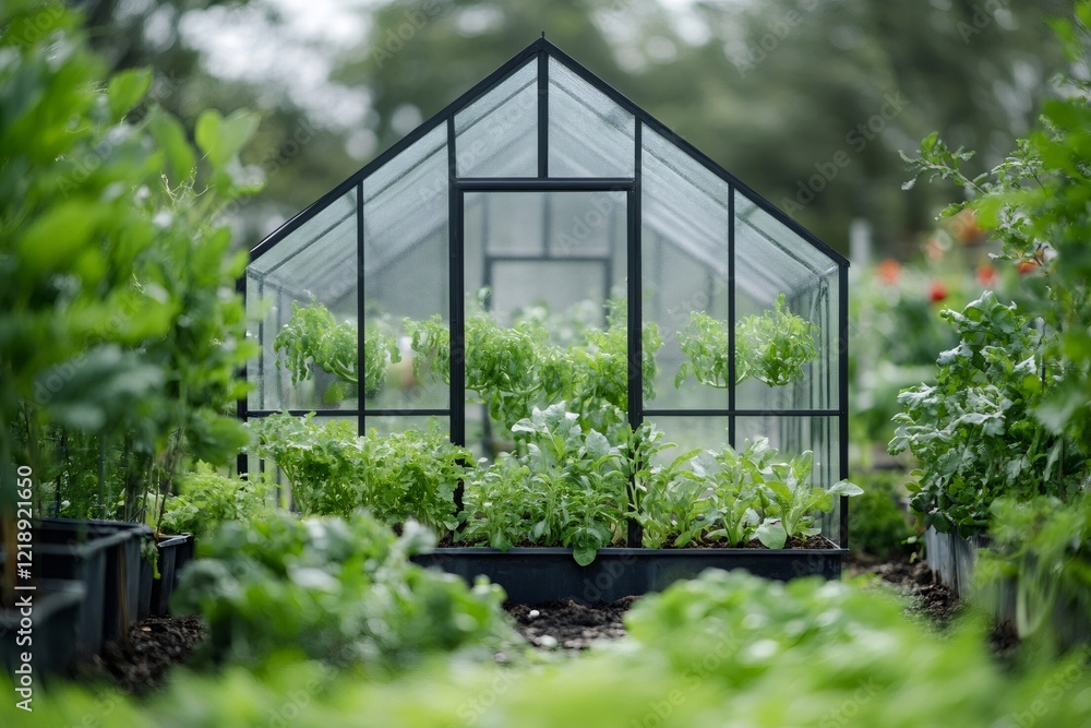 Small greenhouse protecting young plants growing in a garden Small greenhouse protecting young plants growing in a garden