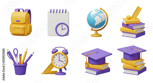 Icons set for back to school, learning and onlline education banners. School bag, notebook, writing accessories, globe, books stack, clock and graduation cap. 3d high quality isolated render