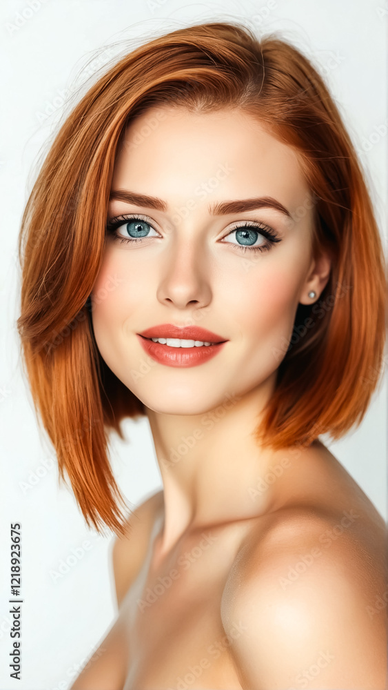 Naklejka premium Beautiful young woman with cute smile and red hair on white background.