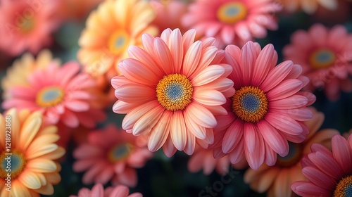 Pink daisies blooming in garden, blurred background, spring floral display