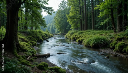 Peaceful Flowing River Through Lush Forest with Mossy Banks and Rocks for Concept World Water Day
