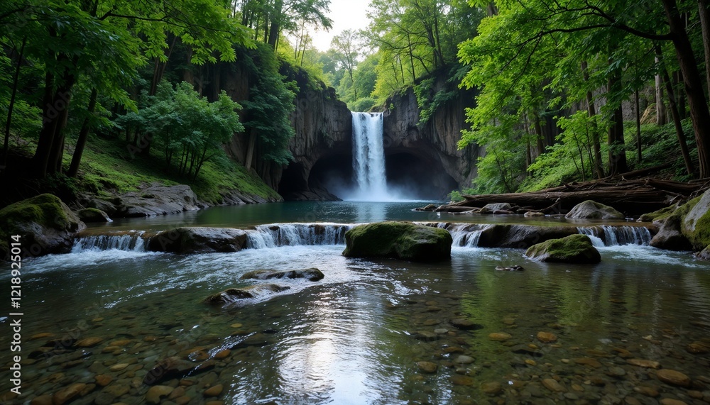 Naklejka premium Waterfall Cascading into Pool with Flowing River and Lush Green Forest Surrounding for Concept World Water Day 