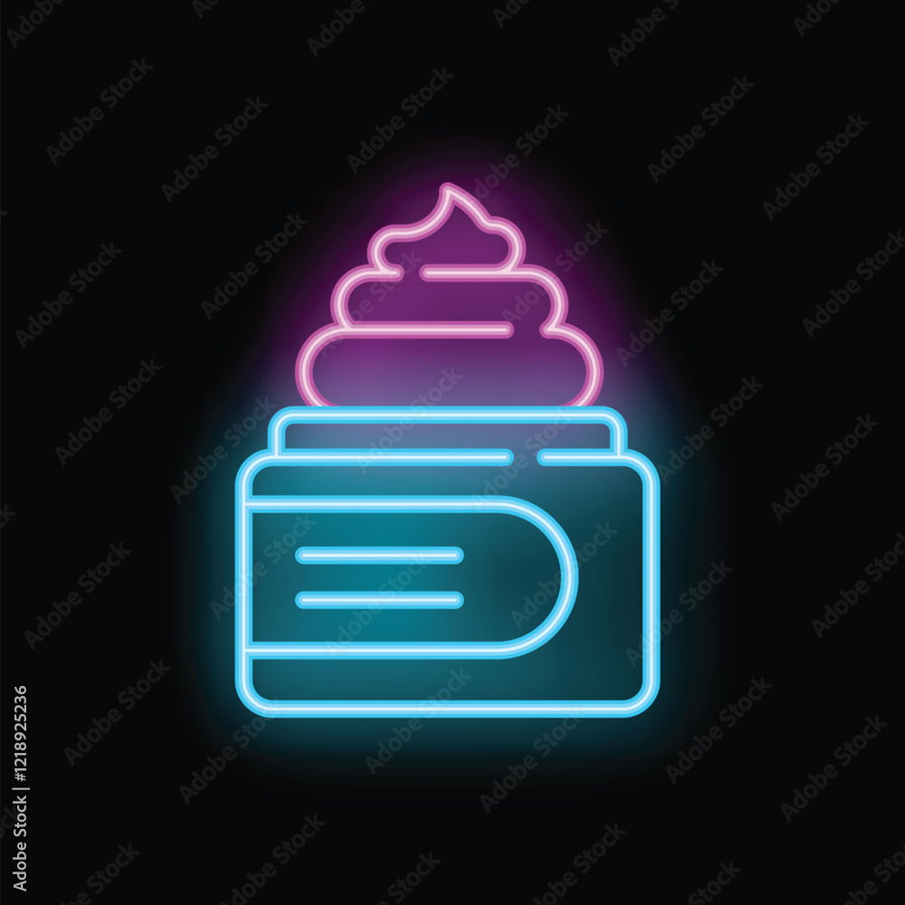 Neon sign representing face cream with swirl on top on black background Neon sign representing face cream with swirl on top on black background