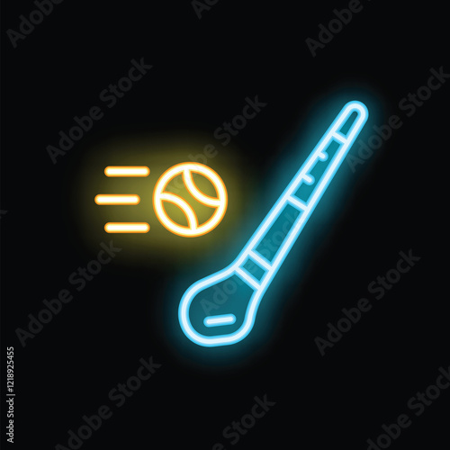Blue and yellow neon glowing hurling stick hitting a sliotar ball icon isolated on black background