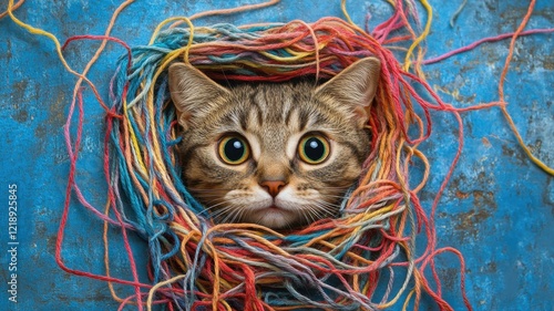 Playful cat entangled in colorful yarn home animal photography indoor close-up whimsical concept photo