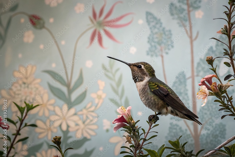 Fototapeta premium Low Light Hummingbird Close-up: Abstract Floral Painting, Artistic Bird Photography
