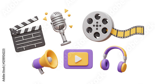 3d set of cinema, movie, theatre, video and audio icons. Trendy glossy plastic design elements. High quality isolated render
