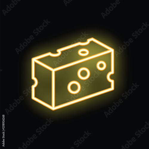 Bright yellow neon sign glowing on a dark wall, showing a tasty piece of cheese with holes