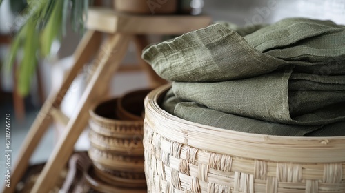 Green linen fabrics in wicker basket with wooden bowls background photo