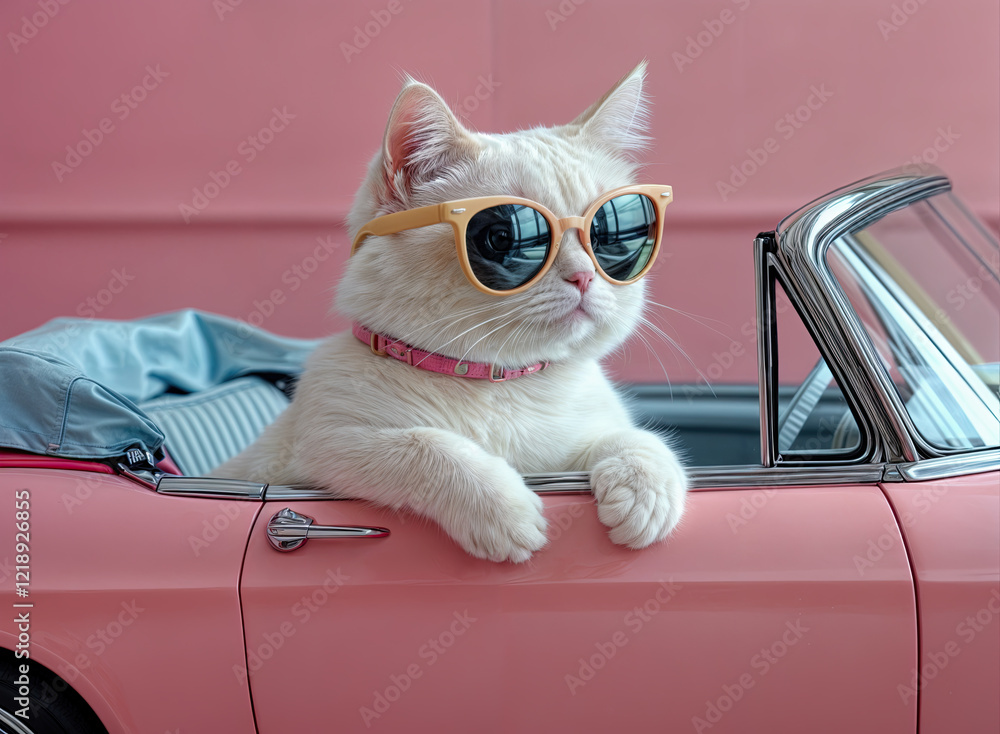 a white cat wearing sunglasses and a pink collar, leaning out of a pink convertible car. a white cat wearing sunglasses and a pink collar, leaning out of a pink convertible car.