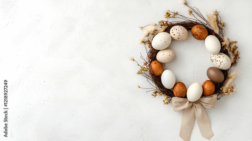 Easter decorations wreath DIY concept. Easter wreath decorated with eggs and dried flowers on a neutral background.