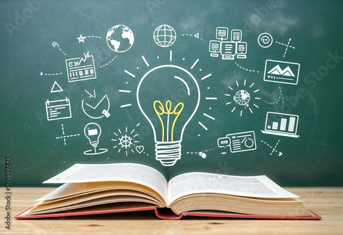 An open book, bathed in the glow of innovative ideas, rests on a wooden surface.  Chalkboard sketches of global concepts and data visualization surround it.