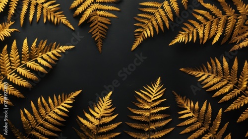 Golden fern leaves arranged in circular pattern on dark background photo