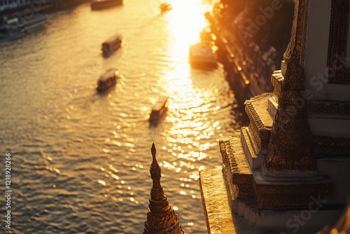 Golden River Sunset With Boats And Architectural Detail