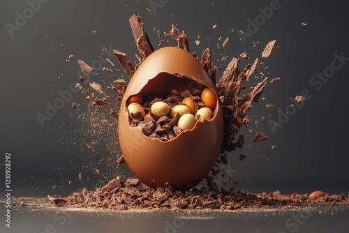 Cracked chocolate egg with scattered pieces and candy filling on a textured dark surface, symbolizing indulgence and sweetness photo