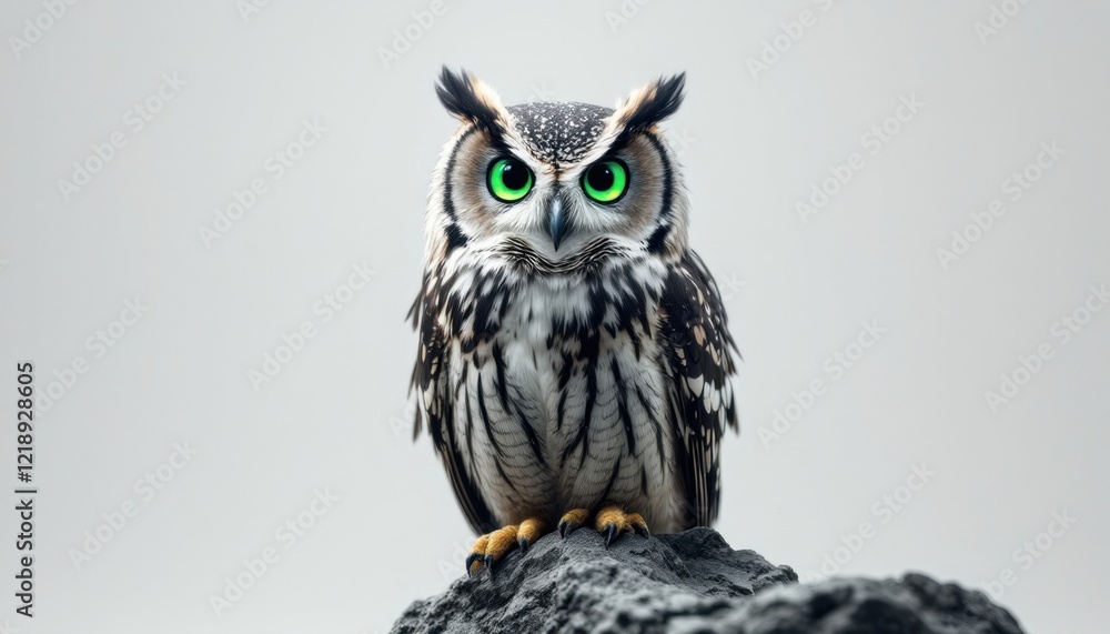 Fototapeta premium Majestic owl with striking green eyes perched on rock