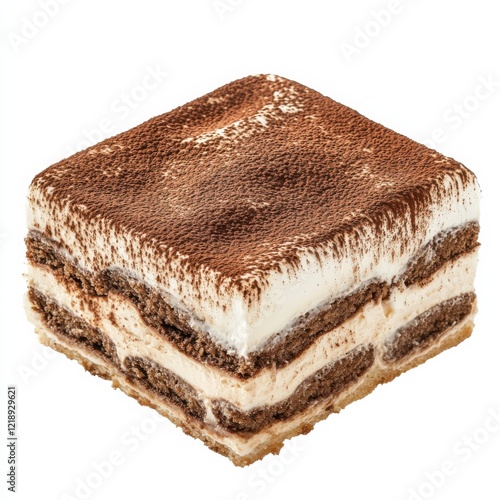 A decadent tiramisu dessert with cocoa powder dusting, isolated white background, post-impressionist art style photo