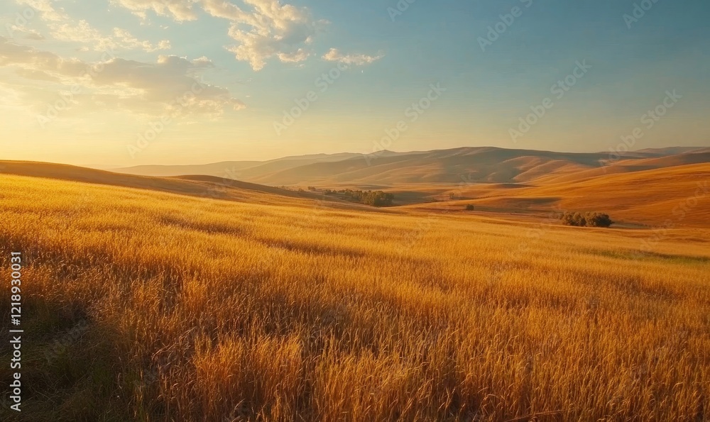 Golden Wheat Field at Sunset with Dramatic Clouds in a Rural Agricultural Landscape, Concept of Nature's Beauty and Harvest Season, Golden Wheat Field at Sunset with Dramatic Clouds in a Rural Agricultural Landscape, Concept of Nature's Beauty and Harvest Season,