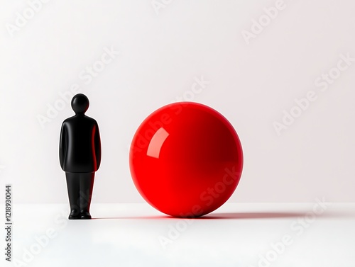 A minimalistic depiction of a black silhouette standing beside a large red sphere, evoking themes of contrast and scale. photo