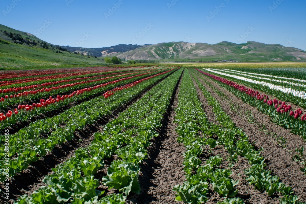 Colorful tulips growing in rows in large field with green hills and blue sky Colorful tulips growing in rows in large field with green hills and blue sky