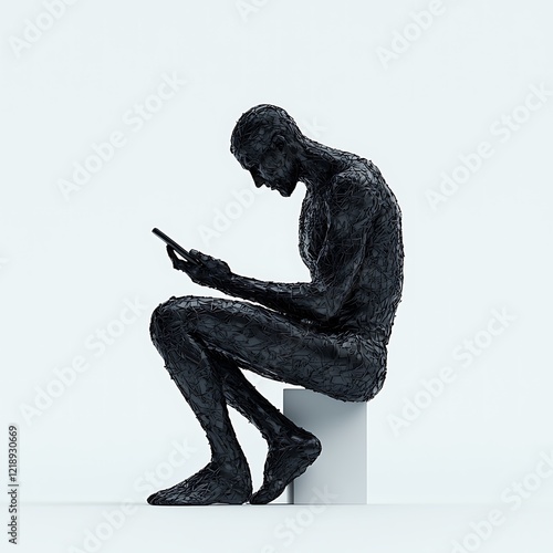 A sleek, abstract sculpture depicting a seated figure engrossed in a mobile device, highlighting themes of modern connectivity and solitude. photo