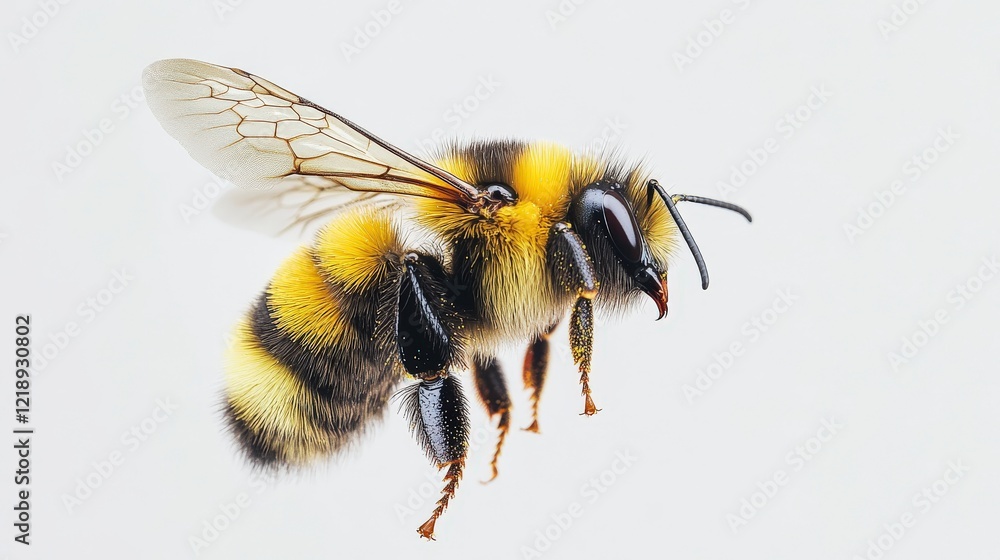 Detailed close up of a bumblebee in flight against a white background showing its wings Detailed close up of a bumblebee in flight against a white background showing its wings
