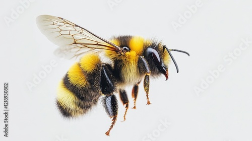Detailed close up of a bumblebee in flight against a white background showing its wings