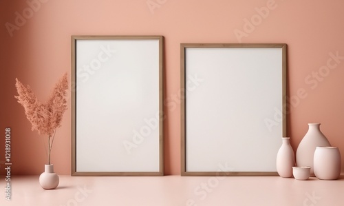 Mock up poster frame in modern design interior background, peach color living room, minimalistic style. Frame mockup. Living room wall posters. Interior with home background.
