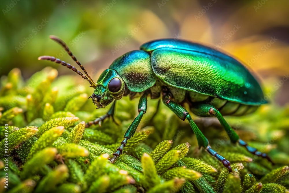Drone Shot: Metallic Green Beetle on Mossy Terrain Drone Shot: Metallic Green Beetle on Mossy Terrain