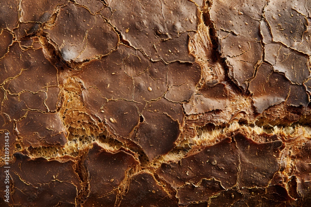 Fototapeta premium Cracked surface of a rustic bread loaf showcasing texture and artisanal baking techniques in a warm kitchen environment