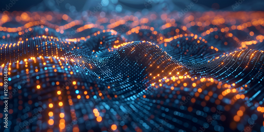 Futuristic Abstract Landscape of Glowing Waves with Orange and Blue Dots in Digital Space Futuristic Abstract Landscape of Glowing Waves with Orange and Blue Dots in Digital Space